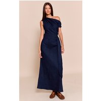 Indigo Blue Chambray Denim Ruched Belted Midaxi Dress, Dark Indigo