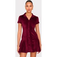 Burgundy Cord Button Down Cap Sleeve Pleated Hem Shift Dress