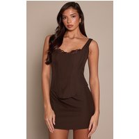 Chocolate Satin Boned Lace Detail Corset Bodycon Dress