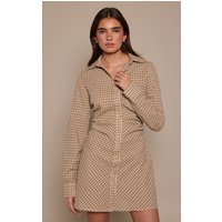 Cream Check Button Down Ruched Long Sleeve Shirt Dress