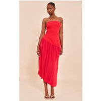 Tomato Red Chiffon Bandeau Balloon Hem Midaxi Dress