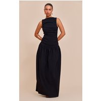Black Stretch Woven Ruched Detail Drop Waist Maxi Dress
