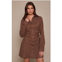 Brown Check Button Down Ruched Long Sleeve Shirt Dress