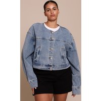 Plus Mid Blue Wash Collarless Cropped Denim Jacket
