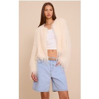 Cream Collarless Fringe Jacket
