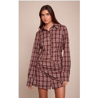 Brown Check Wrap Details Shirt Dress