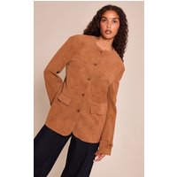 Tan Collarless Button Detail Faux Suede Jacket