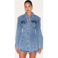 Mid Blue Wash Ced Waist Denim Shirt Dress