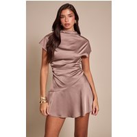 Taupe Satin Cap Sleeve Mini Dress