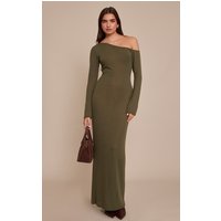 Khaki Textured Jersey Asymmetric Long Sleeve Maxi Dress