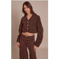 Chocolate V Neck Curved Hem Cropped Denim Jacket