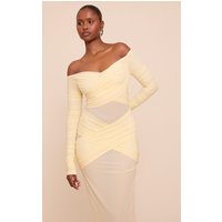 Lemon Bandage Mesh Bardot Layered Ruched Maxi Dress