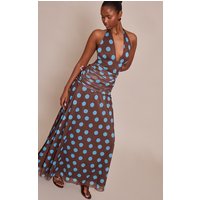 Brown Polka Dot Chiffon Halterneck Maxi Dress