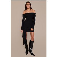 Black Ribbed Bardot Wrap Detail Bodycon Dress