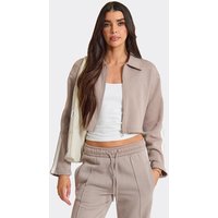 Long Sleeve Zip Up Front Side Stripe Detail Collared Jacket In Beige, Women's Size
