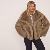 Oversized Collar Detail Cropped Fur Jacket In Two Tone Beige, Women's Size