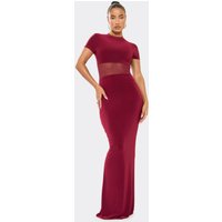 Short Sleeve High Neck Mesh Insert Maxi Dress In Burgundy Slinky, Women's Size