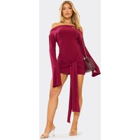 Long Flared Sleeve Drape Detail Mini Dress In Burgundy, Women's Size