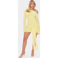Long Flared Sleeve Drape Detail Mini Bodycon Dress In Lemon Slinky, Women's Size