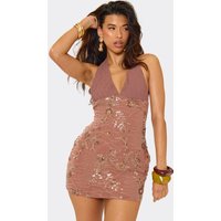 Halterneck Embellished Mini Dress In Brown Floral, Women's Size