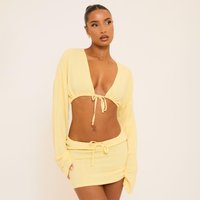 Long Flared Sleeve Tie Front Detail Crop Top In Yellow Linen, Women's Size