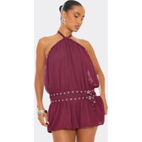 Halterneck Low Back Eyelet Belt Mini Dress In Burgundy, Women's Size