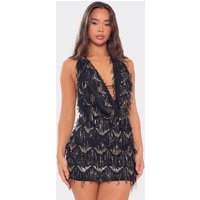 Cowl Neck Open Back Mini Dress In Black Tassel Sequin, Women's Size