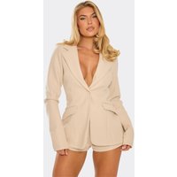 Wool Look Pocket Detail Ced Waist Blazer Playsuit In Cream, Women's Size