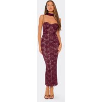 Strappy Scarf Neck Detail Midi Dress In Burgundy Lace, Women's Size