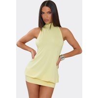 High Neck Open Back Skirt Detail Mini Dress In Yellow, Women's Size