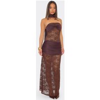 Scarf Detail Twist Bust Contrast Lace Maxi Dress In Chocolate Brown, Women's Size