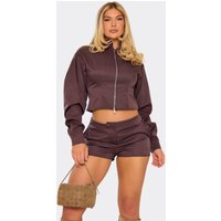 Balloon Sleeve Double Zip Up Ced Waist Jacket In Chocolate Brown Woven, Women's Size