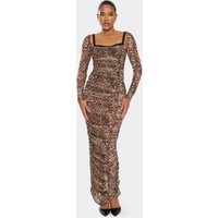 Long Sleeve Ruched Bra Detail Maxi Dress In Brown Leopard Print, Women's Size