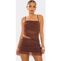 Square Neck Cut Out Ruched Detail Mini Dress In Chocolate Mesh, Women's Size