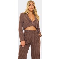 Long Sleeve Cropped Blazer In Brown Pinstripe, Women's Size