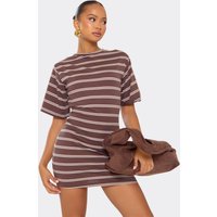 Short Sleeve Shoulder Pad Ced Waist Detail Shirt Dress In Brown Stripe, Women's Size