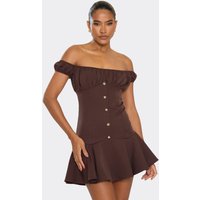 Bardot Button Detail Skater Mini Dress In Chocolate Brown, Women's Size