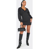 Long Sleeve V Neck Ced Waist Sweatshirt Dress In Black, Women's Size