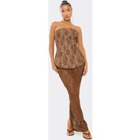 Bandeau Peplum Contrast Lace Maxi Dress In Brown Lace, Women's Size