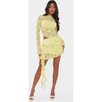 Mid Waist Asymmetric Frill Mini Skirt In Yellow Slinky Lace, Women's Size