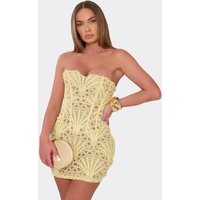 Bandeau Corset Detail Mini Dress In Yellow Textured Lace, Women's Size