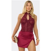 High Neck Underwire Lace Corset Split Hem Skirt Detail Mini Dress In Burgundy, Women's Size