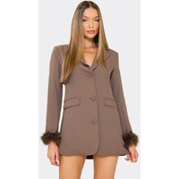 Long Sleeve Feather Cuff Detail Blazer Dress In Chocolate Brown, Women's Size