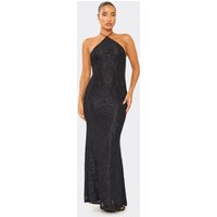 Halterneck Fishtail Maxi Dress In Black Lace, Women's Size