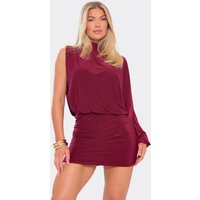 High Neck One Sleeve Drape Detail Mini Dress In Burgundy, Women's Size