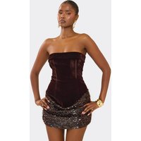 Bandeau Sequin Contrast Detail Mini Dress In Brown Velvet, Women's Size