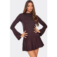 Long Sleeve Skater Mini Dress In Chocolate Brown Ribbed Knit, Women's Size ML