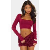 Long Sleeve Square Neck Slinky Crop Top And Textured Floral Hot Pants In Burgundy, Women's Size