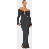 Bardot Long Sleeve Plunge Detail Maxi Dress In Black, Women's Size