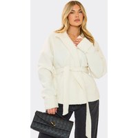Long Sleeve Belted Detail Jacket In White Borg, Women's Size
